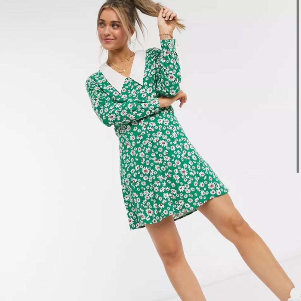 New ASOS Green Floral Dress with Embroider Collar